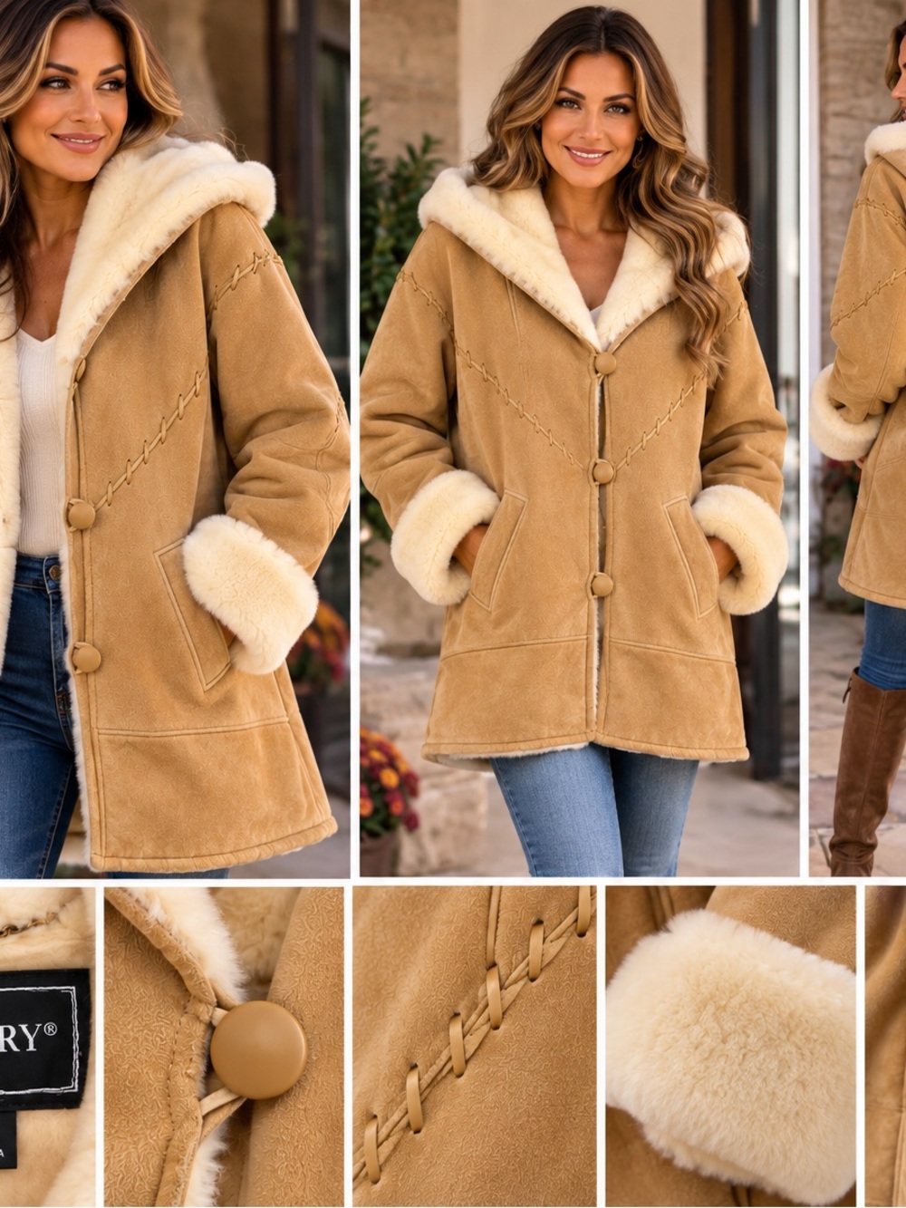 Gallery Genuine Leather Shearling Style Hooded Coat Tan Cream Size L